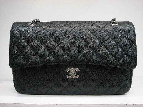 Chanel 1113 Black cowhide leather replica handbag with Silver hardware