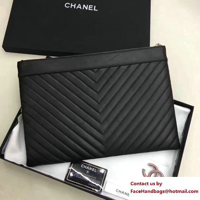 Chanel Sheepskin Chevron CC Pouch Clutch Large Bag A80992 Black 2017 - Click Image to Close