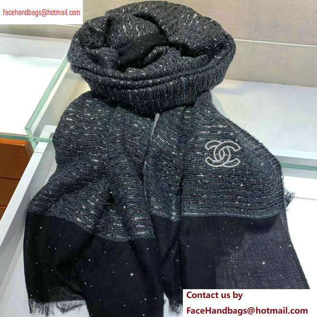 Chanel CC Logo Sequins Fringe Scarf 90x90cm Black/Silver 2020
