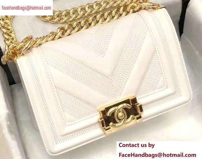 Chanel Embossed Chevron Small Boy Flap Bag White 2020