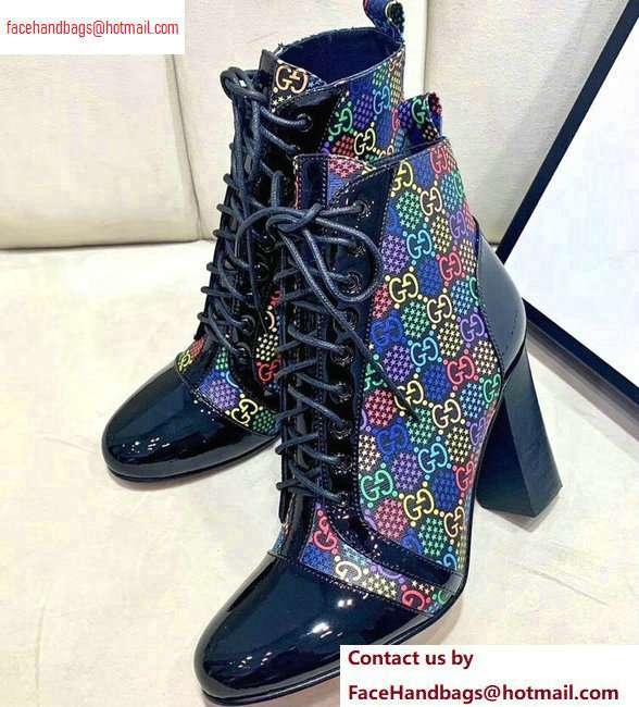 Gucci Patent Black Lace-up Ankle Boots GG Multicolor Stars 2020