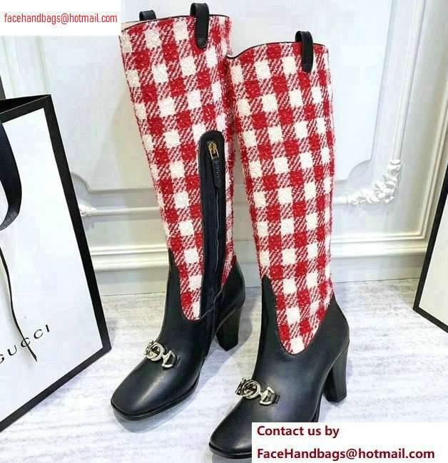 Gucci Zumi Tweed Knee Boots 577652 Check Red/White 2020