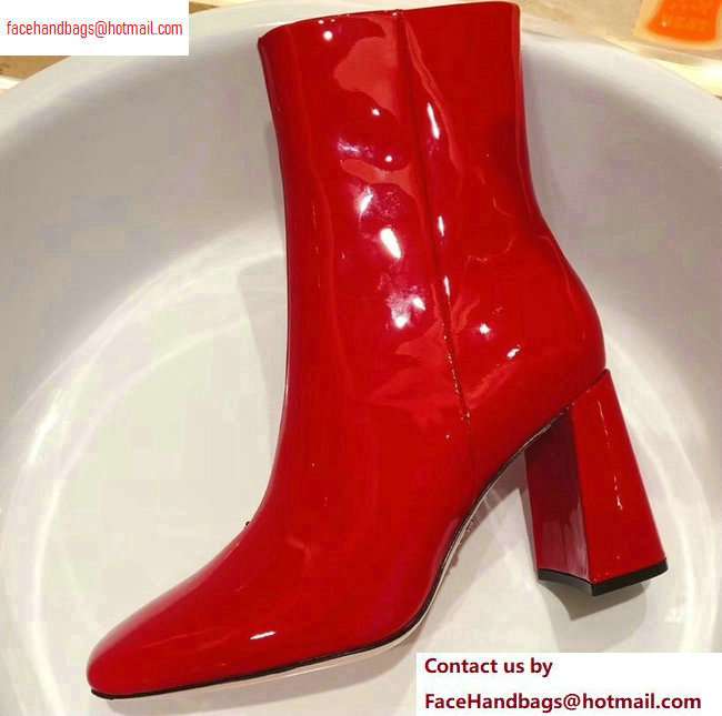 Prada Heel 8.5cm Glossy Patent Leather Square Toe Booties Red 2020