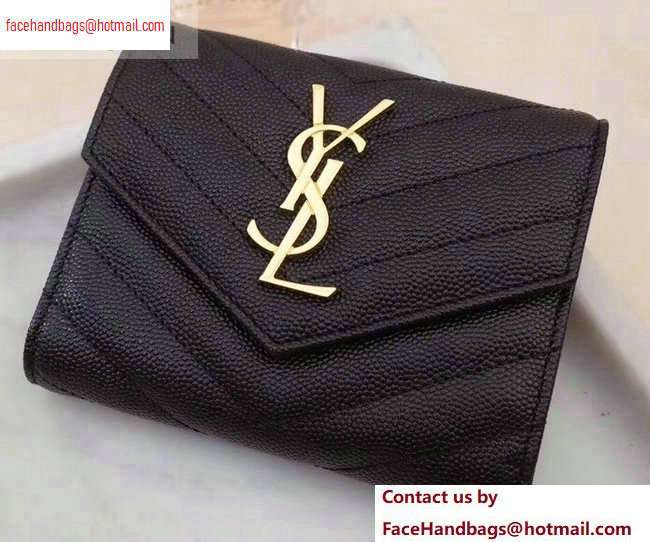 Saint Laurent Monogram Compact Tri Fold Wallet in Grained Embossed Leather 403943 Black/Gold
