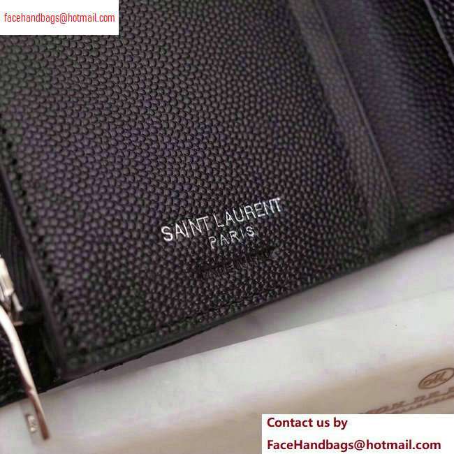 Saint Laurent Monogram Compact Tri Fold Wallet in Grained Embossed Leather 403943 Black/Silver