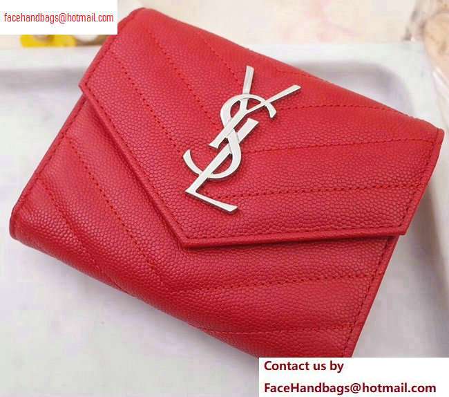 Saint Laurent Monogram Compact Tri Fold Wallet in Grained Embossed Leather 403943 Red/Silver