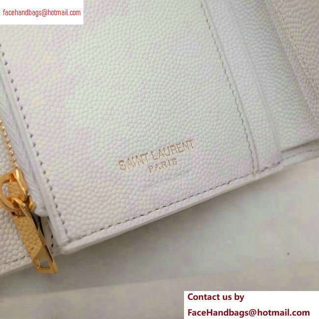 Saint Laurent Monogram Compact Tri Fold Wallet in Grained Embossed Leather 403943 White/Gold