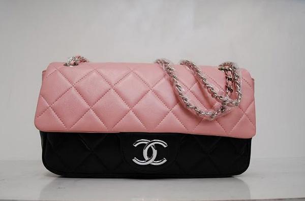 Chanel 35941 Replica Handbag Pink Black Lambskin Leather With Silver Hardware