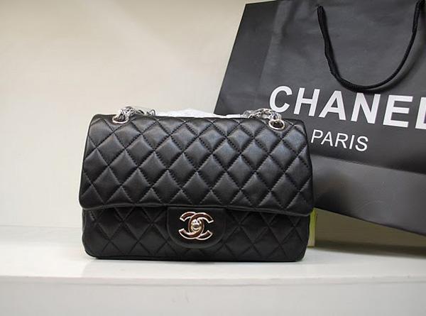 Chanel 35980 Replica Handbag Black Lambskin Leather With Silver Hardware