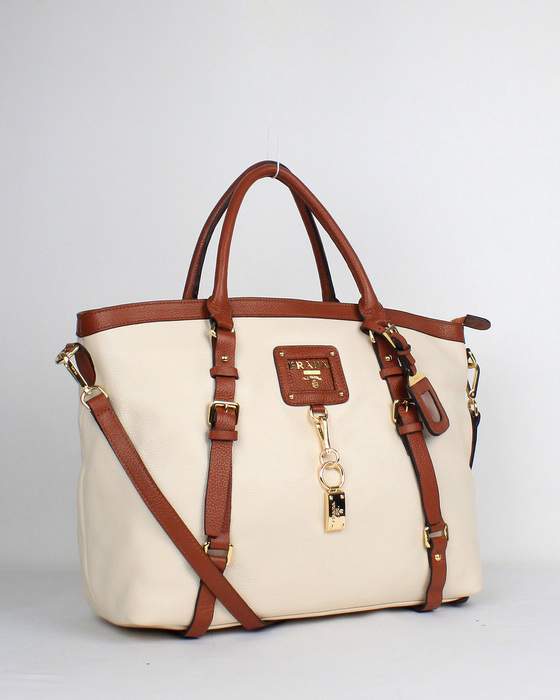 Prada Milled Leather Tote Bags 8804 Offwhite - Click Image to Close