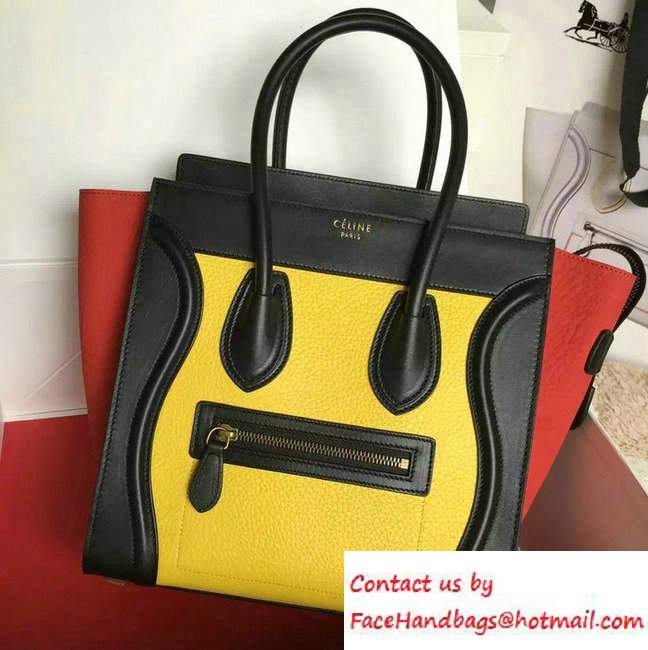 Celine Luggage Micro Tote Bag in Original Leather Black/Grained Yellow/Crinkle Red 2016