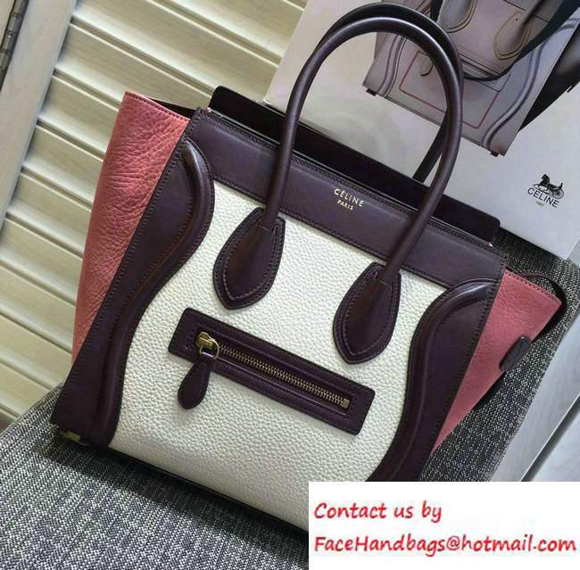 Celine Luggage Micro Tote Bag in Original Leather Burgundy/Grained White/Crinkle Pink 2016