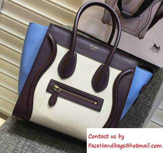 Celine Luggage Micro Tote Bag in Original Leather Burgundy/Grained White/Grained Sky Blue 2016