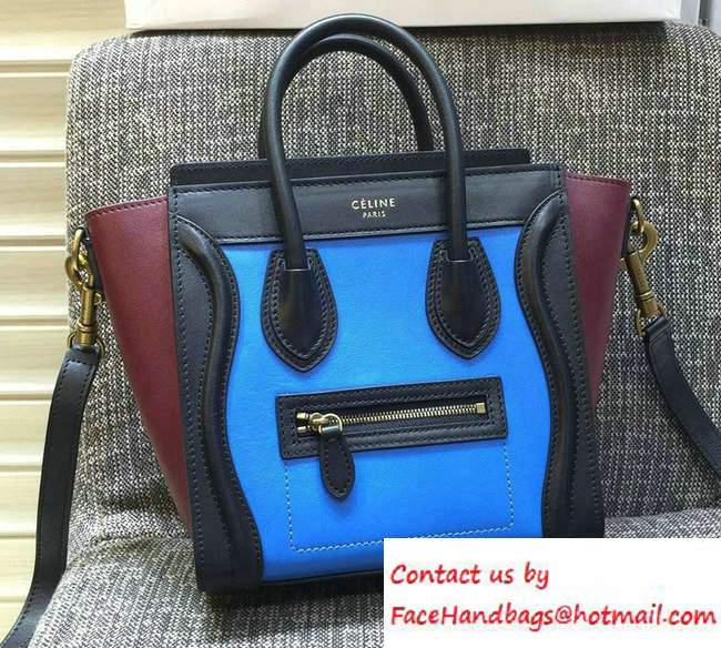 Celine Luggage Nano Tote Bag in Original Leather Black/Blue/Burgundy 2016