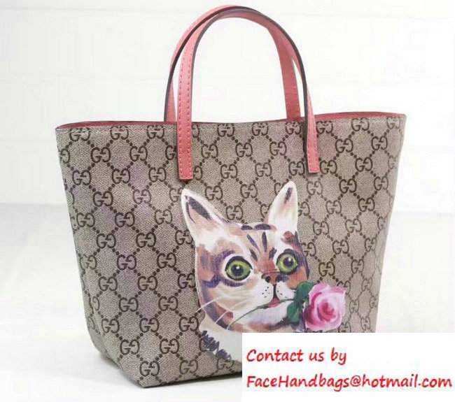 Gucci Children'S GG Supreme Canvas Cat Tote Bag 410812 Pink 2016