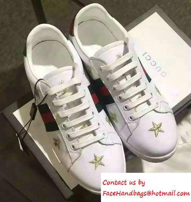 Gucci Embroidered Bees and Stars Leather Low-Top Sneaker With Web 386750 White 2016