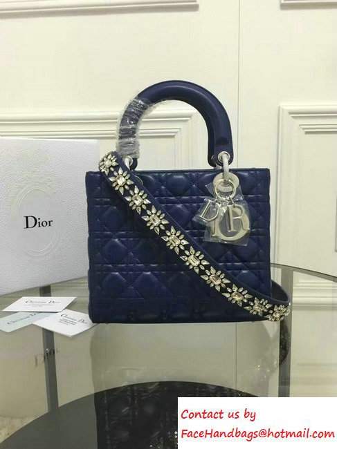 Lady Dior Sheepskin Medium Bag Royal Blue with Embroidered Crystal Chain Shoulder Strap 2016 - Click Image to Close