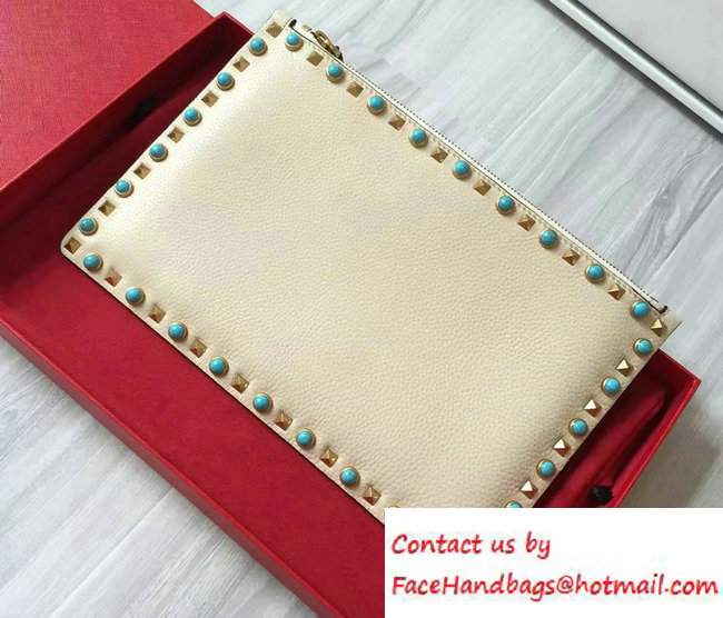 Valentino Turquoise/Gold Rockstud Rolling Large Flat Pouch Clutch Bag Off White 2016