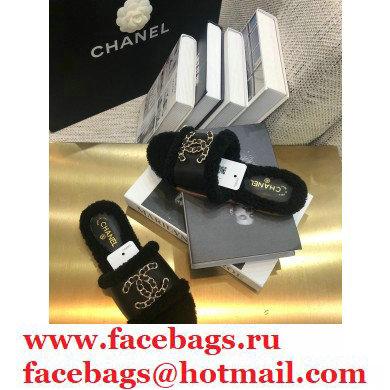 Chanel Shearling Fur Chain CC Logo Slipper Sandals Black 2020 - Click Image to Close