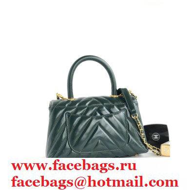 Chanel Waxy Leather Coco Handle Chevron Small Flap Bag Dark Green with Top Handle A92990 - Click Image to Close
