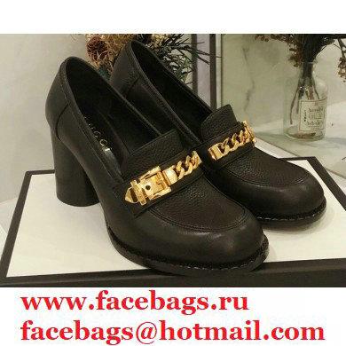 Gucci Heel 8.5cm Textured Leather Loafers Black with Chain 2020
