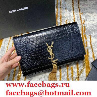 saint laurent Kate chain wallet with tassel in crocodile embossed leather 354119 black/gold