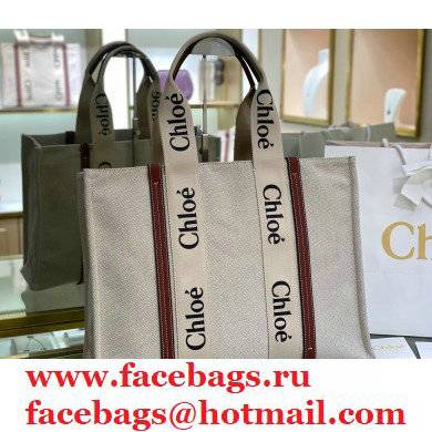 Chloe Large Woody Tote Bag White/Brown in Cotton Canvas and Shiny Calfskin 2021