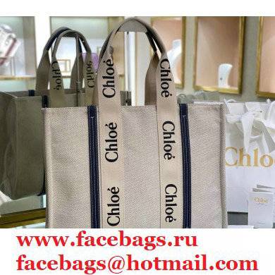 Chloe Large Woody Tote Bag White/Full Blue in Cotton Canvas and Shiny Calfskin 2021