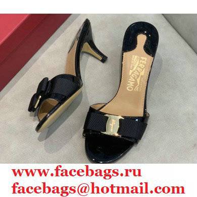 Ferragamo Heel 6cm Vara Bow Mules Patent Leather Black