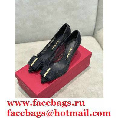 Ferragamo Heel 7cm Bow Pumps Dotted Swiss Black