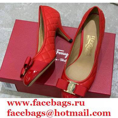Ferragamo Heel 7cm Vara Bow Pumps Quilted Leather Red