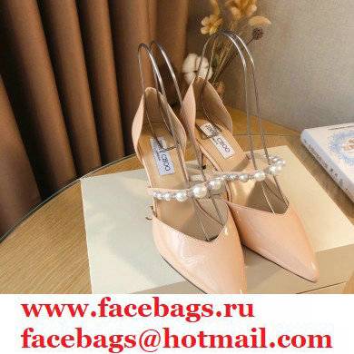 Jimmy Choo Heel 6.5cm Aurelie Pointed Pumps Patent Nude with Pearl Embellishment 2021