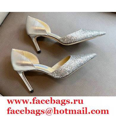 Jimmy Choo Heel 6.5cm ESTHER Pointed Pumps Glitter Silver 2021