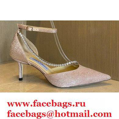 Jimmy Choo Heel 6.5cm TALIKA Pumps Glitter Pink with Ankel Strap and Crystal Chain 2021