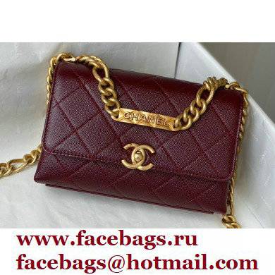 Chanel Logo Plate Grained Calfskin Mini Flap Bag AS2711 Burgundy 2021