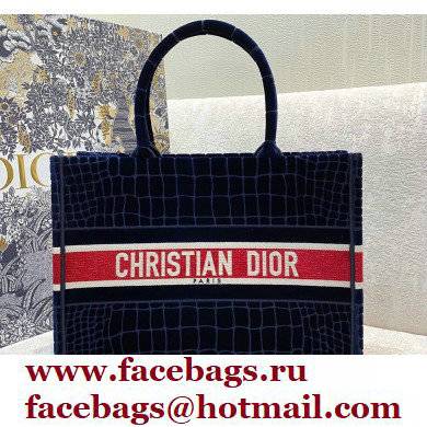 Dior Small Book Tote Bag in Crocodile-Effect Embroidered Velvet Blue 2021