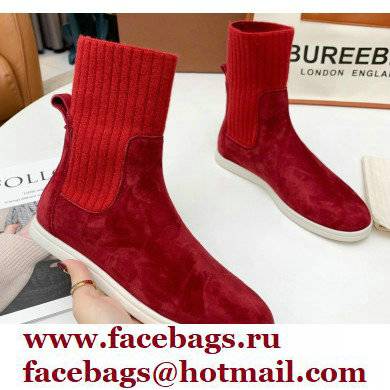 Loro Piana Knit Cocoon Suede Walk Ankle Boots Red