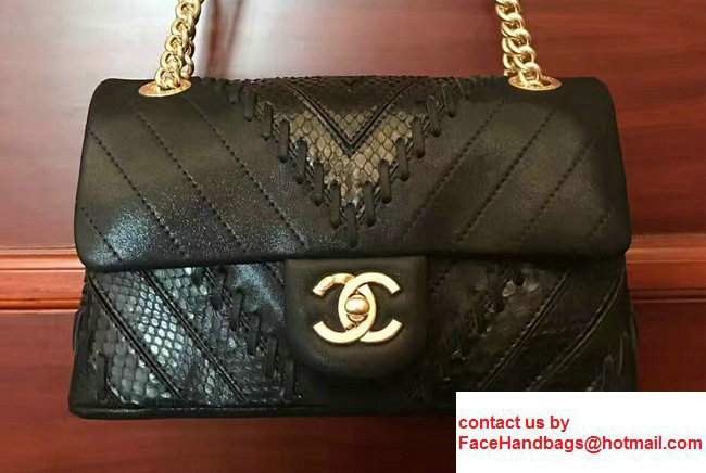 Chanel Iridescent Calfskin/Python Patchwork Chevron Small Flap Bag A93682 Black 2017
