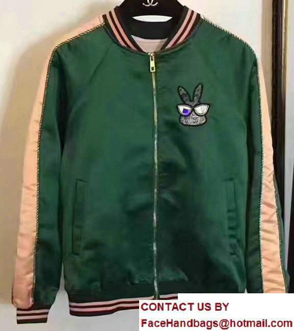 Gucci Rabbit Head With Glasses Emboridered Tech Green Jersey Bomber 2017