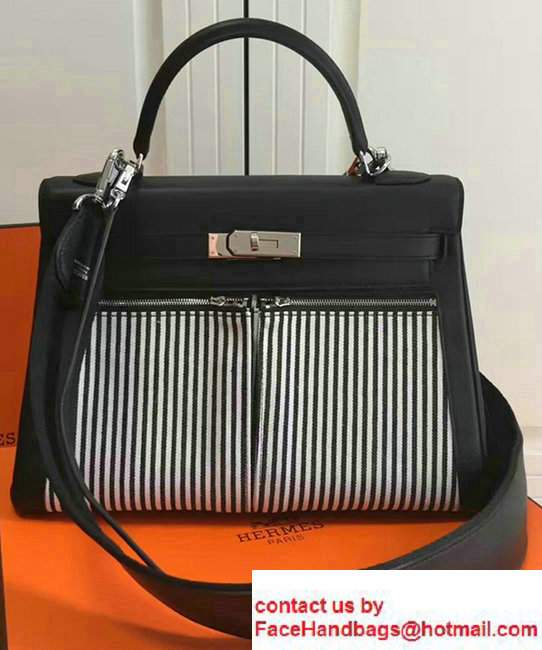 Hermes Kelly Lakis 32cm Bag in Original Canvas Swift Leather Striped Black