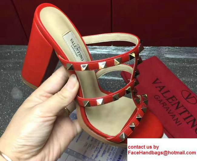 Valentino Sheepskin Heel 9.5cm Rockstud Slide Sandals Red 2017