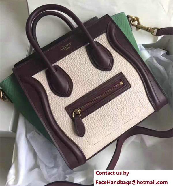 Celine Luggage Nano Tote Bag in Original Leather Grained Apricot Burgundy/Crinkle Green