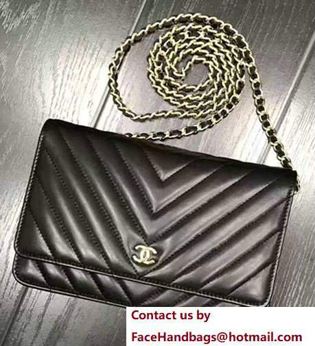Chanel Chevron Wallet On Chain WOC Bag Black/Gold