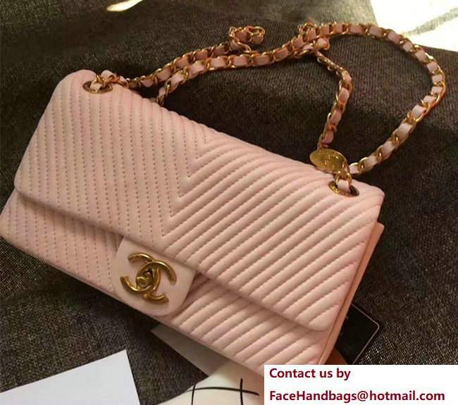 Chanel Grained Lamskin Chevron Quilting Classic Flap Medium Bag A01112 Pink 2017