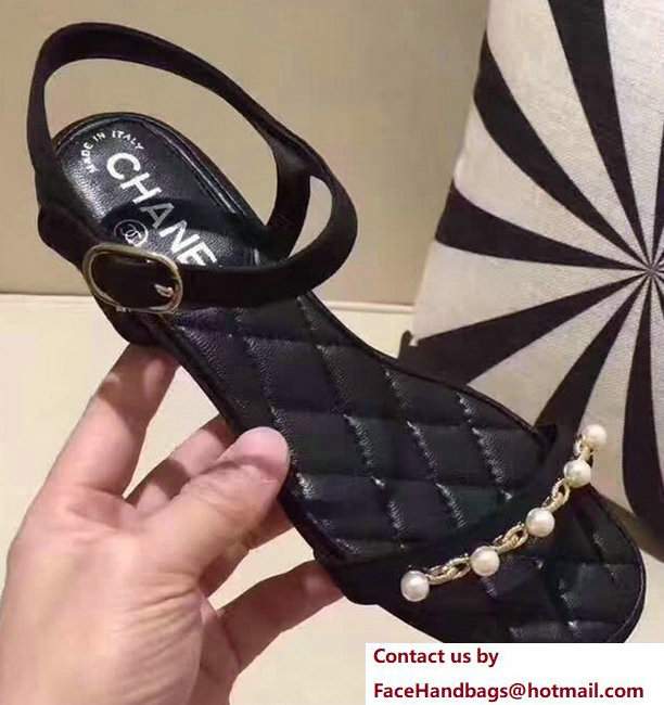 Chanel Heel 2cm Satin Fabric With Pearl Design Flat Scandals Black 2017