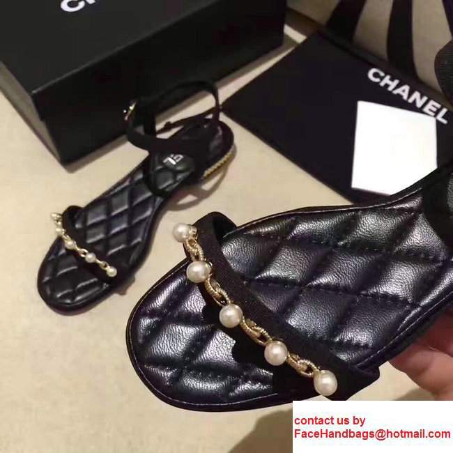Chanel Heel 2cm Satin Fabric With Pearl Design Flat Scandals Black 2017