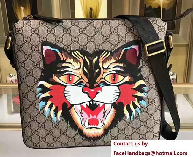 Gucci Angry Cat Print GG Supreme Flat Messenger 473886 2017
