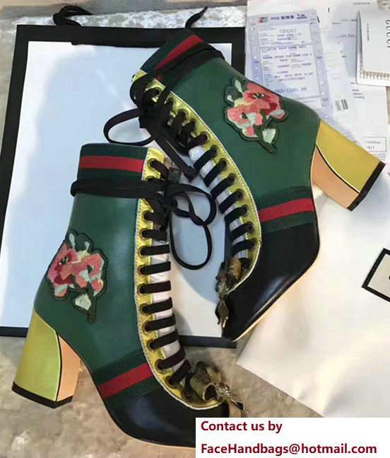 Gucci Finnlay Leather Web Embroidered Floral Metal Bow Detail Lace-up Ankle Boots Green/ Black/Yellow2017