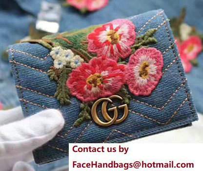 Gucci Metal Logo GG Marmont Embroidered Floral Cloth Fabric Card Case 466492 Blue