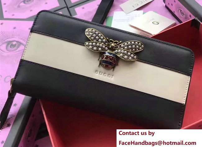 Gucci Queen Margaret Leather Continental Zip Around Wallet Metal Bee Trim 476069 White/Black 2017